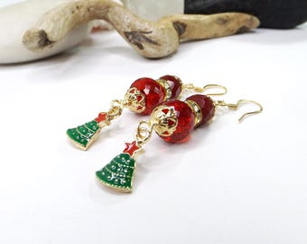 Holiday Statement Earrings with Green Christmas Tree Charms and Red Glass Beads - A Festive Delight and Unique Gift for Her
