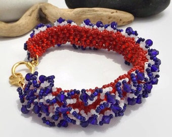 Patriotic Red, White, and Blue Cuff Bracelet: Handwoven Southwestern Style Seed Bead Beauty - Perfect for 4th of July, an Ideal Gift for Her