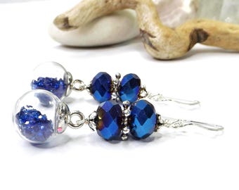 Glas Glitter Ball mit Metallic Blue & Silver Glass Beads - Strahlende Urlaubsohrringe