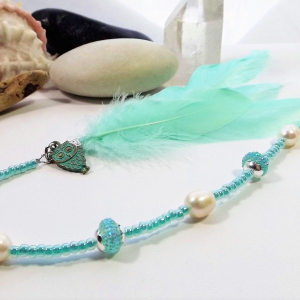 Delightful Aqua Feather Hair Clip: Reusable Boho Accessory with Seed Beads, Glitter Rondelles, Pearls and Owl Charms - Elevate Your Style