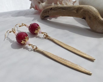 Long Dangle Earrings with Gold Metal Leaf Charms, Dark Pink Agates and Alabaster Crystals - The Essence of Summer - The Perfect Gift for Her