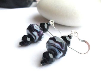 Handmade Lampwork Glass Drop Earrings: Black and White Swirl Beads