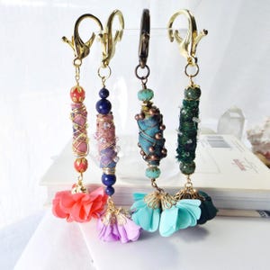 Upcycled Bag Charms with Handmade Artisan Boho Beads, Sari Silk Ribbon, and Whimsical Flower Tassels - Unique Gift for Her