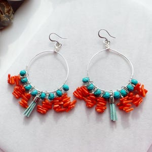 Boho Hoop Earrings: Fusion of Coral and Turquoise, Enhanced with Beaded Dangles and Leather Tassels - Unique Gift for Her