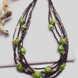 Beaded Turtle Statement Necklace: A Vibrant Multi-Strand Boho Masterpiece adorned with Brown, Green, & Pink Gemstones Unique Gift for Her image 4