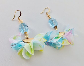 Elegant Fan Flower Tassel Earrings: Pastel Delight with Blue Glass Beads - Your Perfect Summer Jewelry and an Exceptional Gift for Her