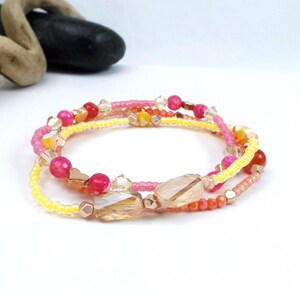 Stacking Stretch Bracelets in Tropical Sunset Hues with Gemstones and Crystals in Pink, Orange, and Yellow - Truly Unique Gift for Her