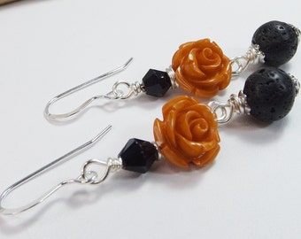 Orange and Black Long Statement Earrings Adorned with Lava and Rose-Shaped Beads - Embracing the Spirit of Halloween - Unique Gift for Her