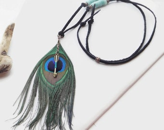 Peacock Eye Feather Pendant and Arrow Charm Necklace: Adjustable Leather Boho Gemstone Jewelry - Southwestern Beauty - Perfect Gift for Her