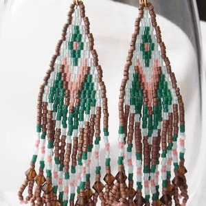 Fringe Seed Bead Handwoven Statement Earrings in Copper, Green, and Pink Beautiful Boho Western Piece Unique Gift for Her image 3