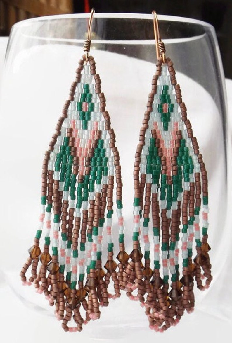 Fringe Seed Bead Handwoven Statement Earrings in Copper, Green, and Pink Beautiful Boho Western Piece Unique Gift for Her image 3