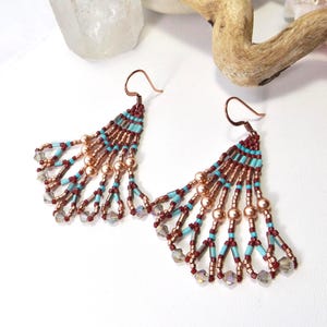 Fringe Seed Bead Earrings: Copper and Turquoise with Crystal Pearls - Embodying the Rustic Beauty of Southwest Jewelry - Unique Gift for Her