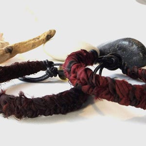 Handwoven Sari Silk Ribbon and Leather Boho Bracelets in Rich Chocolate Brown and Burgundy - Fishtail Braided Beauty - Unique Gift for Her