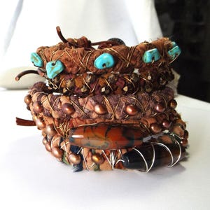 Handwoven Fishtail Braided Sari Silk & Leather Bracelets in Rich Brown with Wire Wrapped Pearls, Agates, Glass Beads - Unique Gift for Her