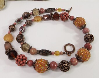 Beaded Chunky Statement Necklace in Rich Shades of Brown with Glass Beads – Artisan-Crafted Boho Western Beauty - Truly Unique Gift for Her