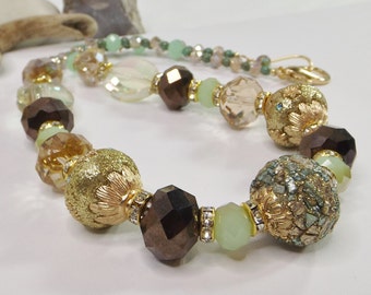 Chunky Boho Statement Necklace with Artisan and Glass Beads from Jesse James Beads© – Elegance in Green & Gold - A Truly Unique Gift for Her