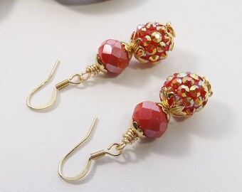 Statement Boho Earrings in Radiant Red and Gold with Disco Ball Beads from Jesse James Beads© - A Truly Unique Gift for Her