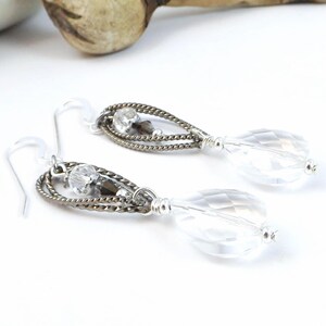 Silver and Gray Dangle Earrings with Elegant Crystal Glass Teardrop Beads and Twisted Link Chain - A Truly Unique Gift for Her