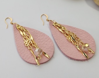 Exquisite Pink Leather Teardrop Earrings: Southwest-inspired, Cowgirl Chic with Gold Chain, Glass Beads Dangles, Perfect Unique Gift for Her