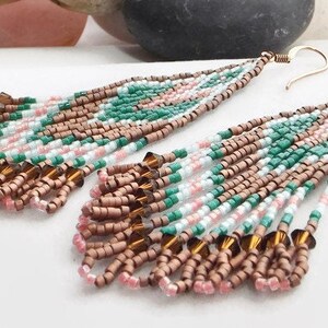 Fringe Seed Bead Handwoven Statement Earrings in Copper, Green, and Pink Beautiful Boho Western Piece Unique Gift for Her image 8