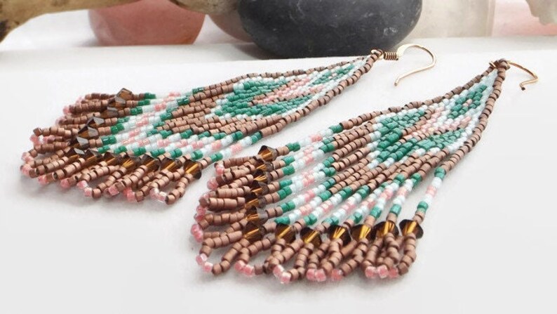 Fringe Seed Bead Handwoven Statement Earrings in Copper, Green, and Pink Beautiful Boho Western Piece Unique Gift for Her image 8