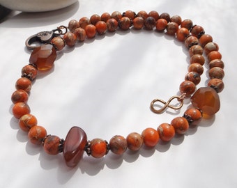 Rustic Beaded Necklace: Burnt Orange Jasper Beads Adorned with Carnelian Nuggets - Boho Layering Necklace - Unique Gift for Her
