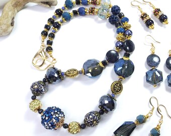 Dark Blue & Gold Beaded Boho Necklace – Chunky Artisan Statement Jewelry