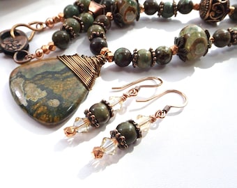 Rustic Green and Copper Drop Earrings with Crystals and Gemstone Beads