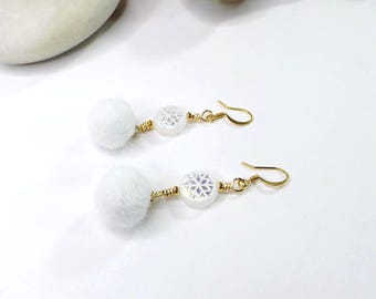Statement Earrings: Furry Pom Pom Charms and Snowflake Beads in White and Gold -  Unique Winter Wonderland Gift for Her During the Holidays