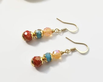 Beaded Drop Earrings with Orange, Turquoise, and Red Glass Beads - A Boho Western Jewelry Delight - A Unique Gift for Her