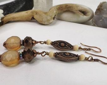 Long Dangle Earrings with Glass and Metal Beads – Exquisite Southwestern Rustic Elegance - Gift for Her in Warm Copper & Earthy Brown Tones