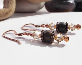 Rustic Green and Copper Drop Earrings with Crystals and Gemstone Beads: A Fusion of Boho Chic and Southwestern Flair - Unique Gift for Her