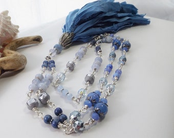 Denim Blue and Silver Boho Beaded Chain Necklace Featuring a Sari Silk Tassel with Czech Glass and Gemstone Beads: A Thoughtful Gift for Her