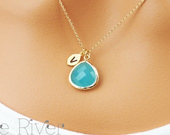 Choose gold or silver turquoise necklace with personalized initial leaf