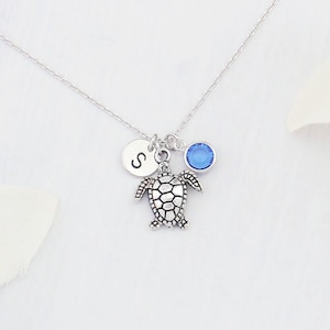 Personalized turtle necklace. Silver turtle necklace. Dainty birthstone and initial turtle necklace.