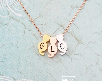 Choose silver, gold or rose gold cat necklace pendant. Personalized cat monogram initial necklace. Elegant and dainty cat necklace