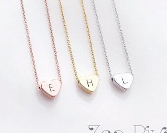 Choose rose gold, silver or gold heart personalized initial necklace. Tiny rose gold necklace. Elegant and dainty necklace