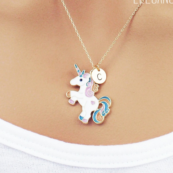 Personalized unicorn initial necklace. Dainty unicorn necklace. Small multi coloured gold unicorn with personalized initial charm.