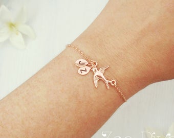 Choose rose gold, silver or gold personalized initials bird bracelet, Dainty flying bird bracelet. Personalized initial bracelet