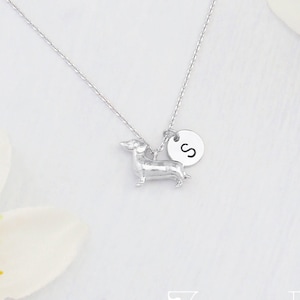 Personalized dachshund sausage dog necklace. Choose silver or gold dainty sausage dog dashund and initial necklace. Dog necklace