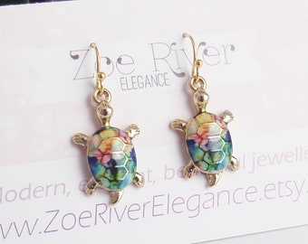 Dainty small rainbow turtle earrings. Your choice of 14k gold filled, Stainless steel or nickel-free brass earposts. Turtle lover gift idea