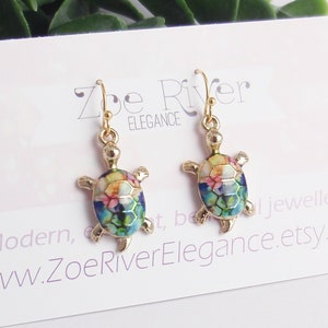 Dainty small rainbow turtle earrings. Your choice of 14k gold filled, Stainless steel or nickel-free brass earposts. Turtle lover gift idea