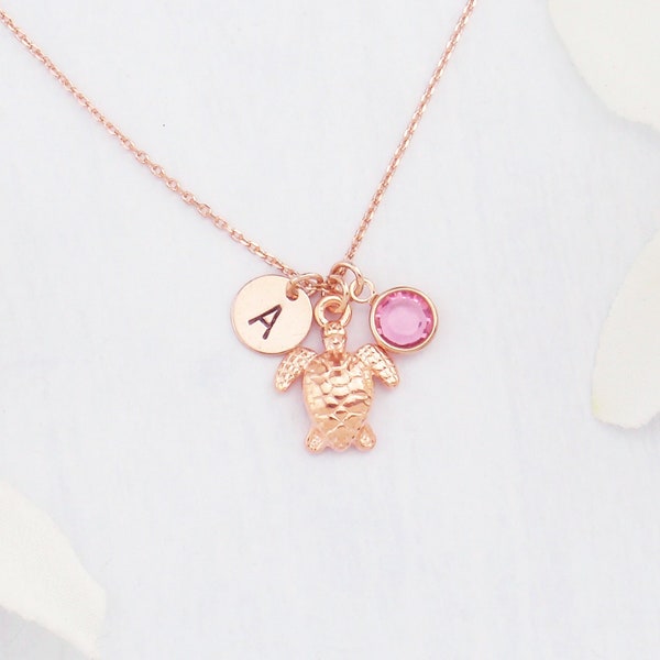 Personalized turtle necklace. Rose gold turtle necklace. Dainty birthstone and initial turtle necklace.