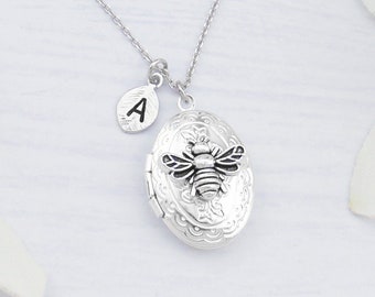 Personalized bee locket necklace. Choose silver, gold or rose gold locket necklace. Honey bee locket. Queen bee necklace.