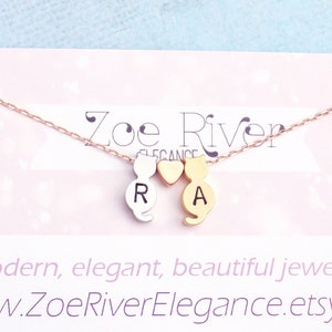 Choose silver, gold or rose gold cat necklace, personalized initials cat pendant. Dainty cat necklace, engraved, furmum gift