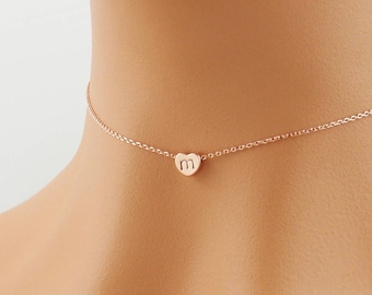 Personalized initial tiny heart choker necklace. Choose rose gold, silver or gold heart choker. Personalized dainty choker necklace