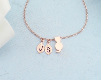 Silver, gold or rose gold cat personalized initial bracelet. Dainty cat bracelet with personalized initial.