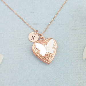 Personalized rose gold and silver butterfly heart locket necklace. Dainty initial locket necklace. Rose gold locket necklace.