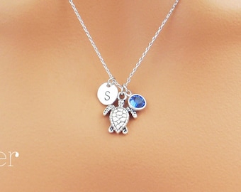 Personalized turtle necklace. Silver turtle necklace. Dainty birthstone and initial turtle necklace.