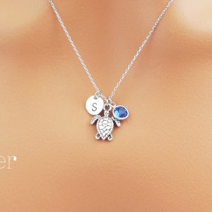 Personalized turtle necklace. Silver turtle necklace. Dainty birthstone and initial turtle necklace.